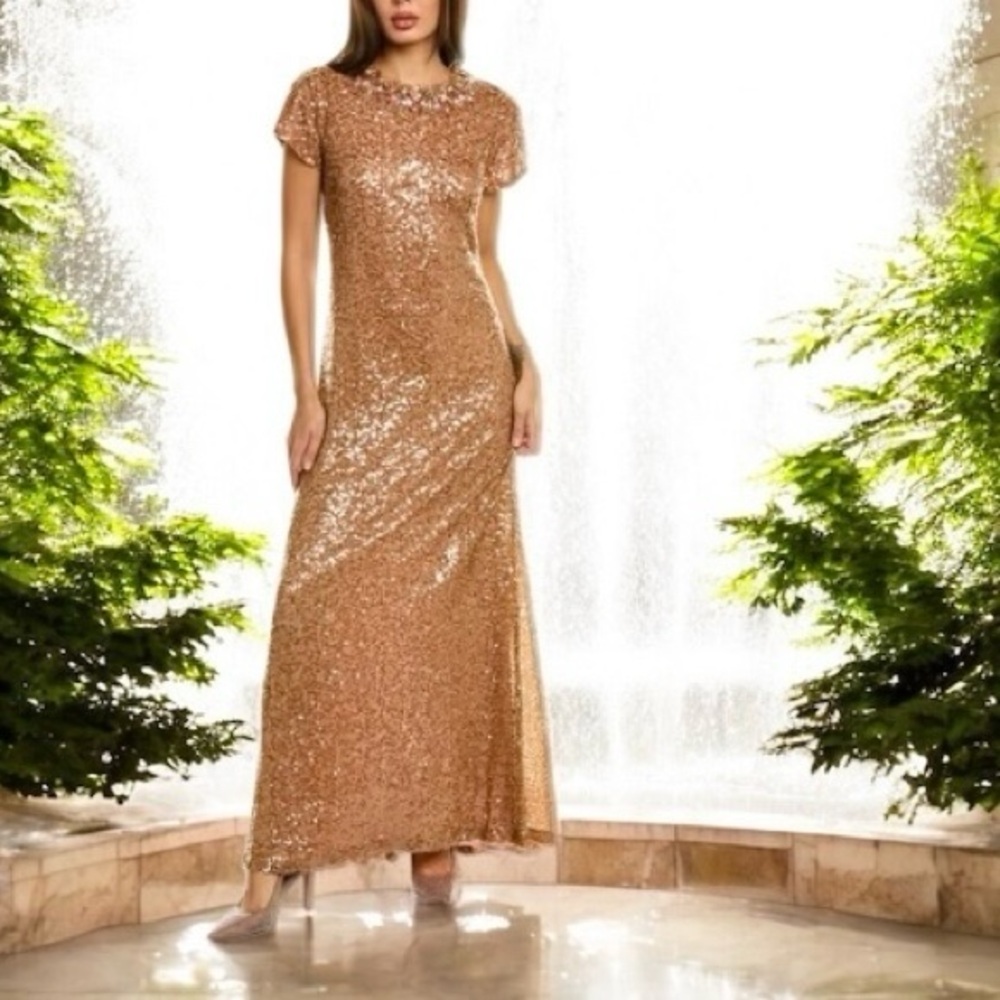 Sachin + Babi Sequined Formal Gown Size 2 Elegant Gold Column Gown Rhinestones - Picture 7 of 13